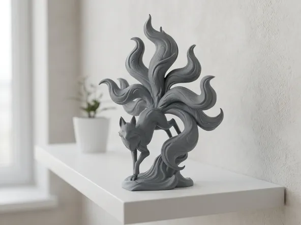 Elegant Nine-Tailed Kitsune Fox Sculpture