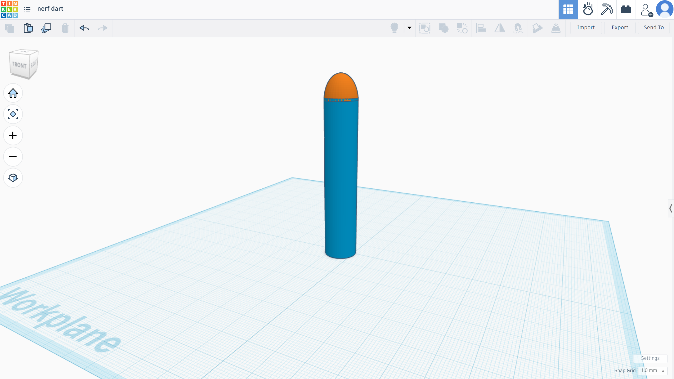 nerf dart (that i made in tinkercad) !Disclaimer: this project is a fail the mesurements are compleately off!