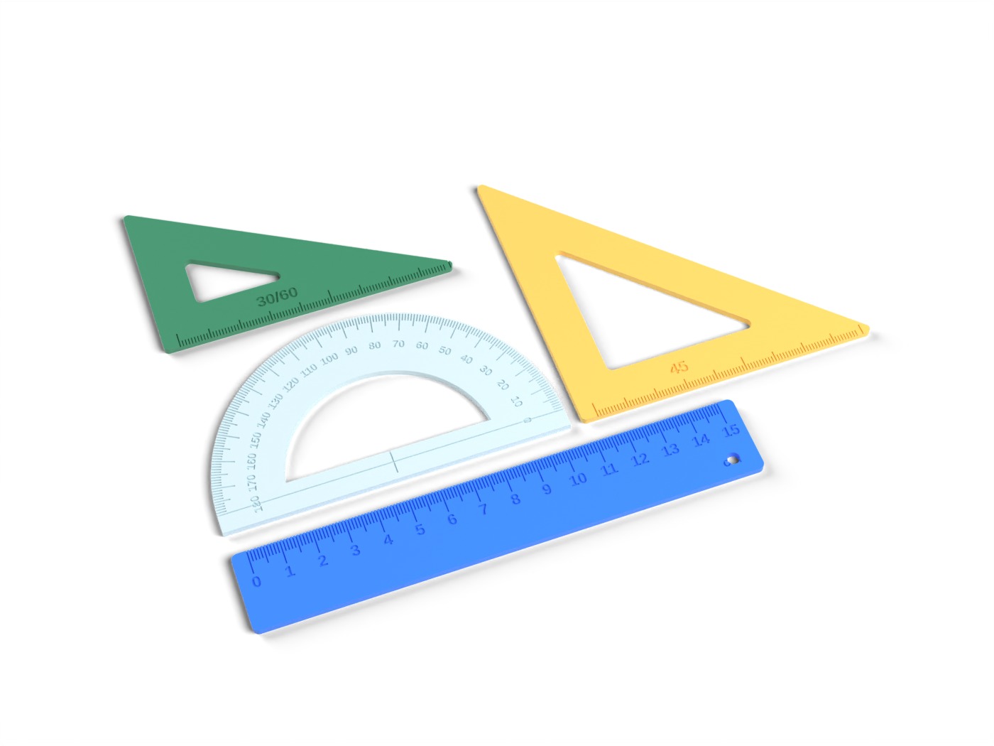 Geometry Set - 15 cm Ruler, Protractor and Set Squares for School, No Supports (OpenSCAD)