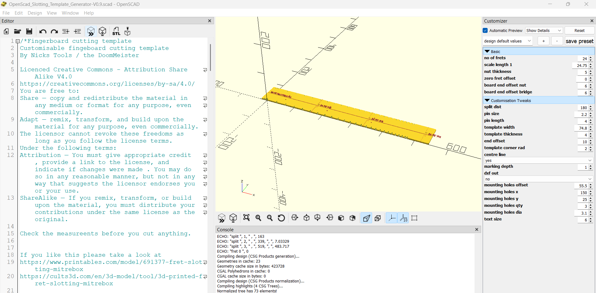 OPEN SCAD 3D PRINTED FRET SLOTTING TEMPLATE GENERATOR