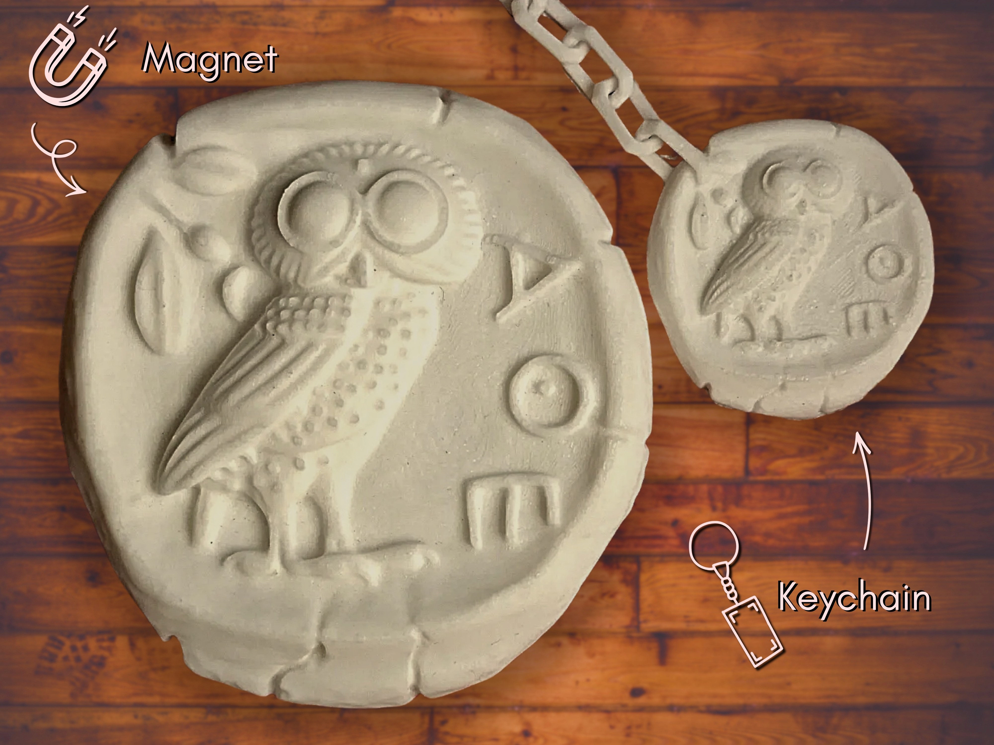 Greek Owl of Athena Tetradrachma Coin with magnet space or Keychain / Memory from Greece•Athens - Souvenir de Grèce•Athènes