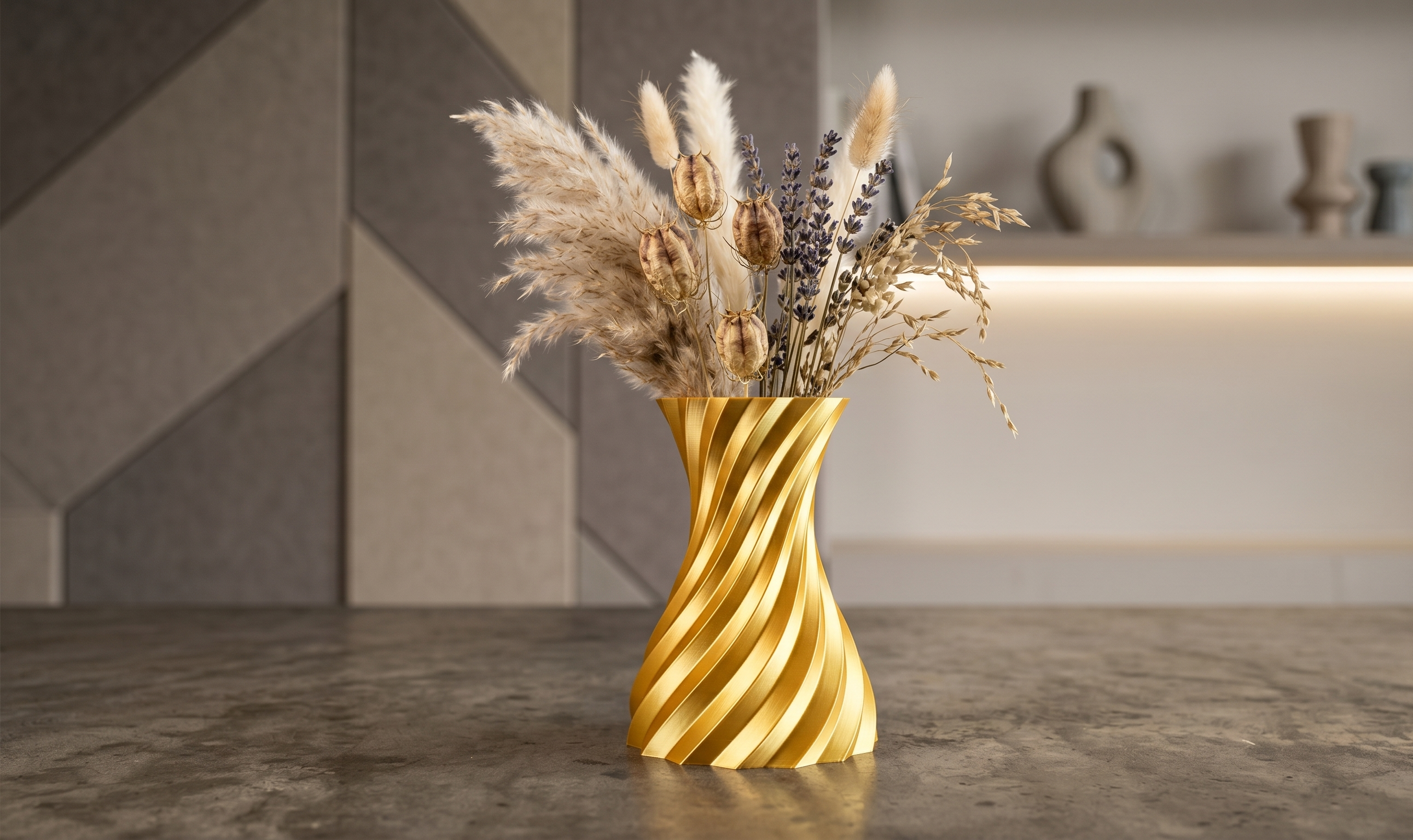 Modern Helical Gold Vase & Dried Botanical Bundle