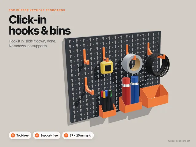 Click-in Hooks & Bins for Küpper Keyhole Pegboards