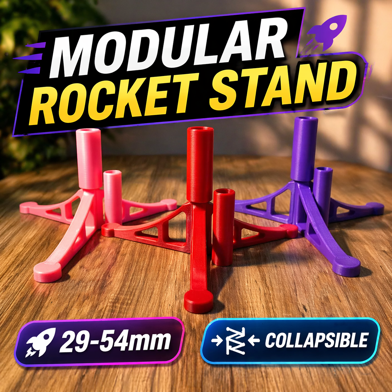 Modular Rocket Display Stand (29mm–54mm) – Collapsible Tripod, No Supports