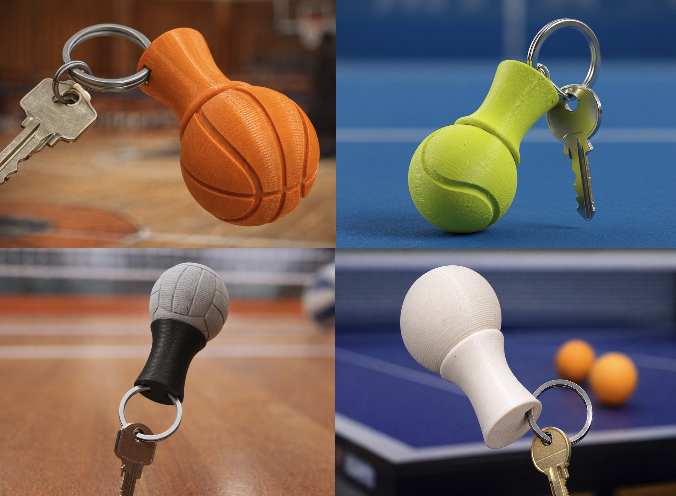 Tennis, Basketball, Volleyball, Ping Pong Ball Trophy Knob style keychains set