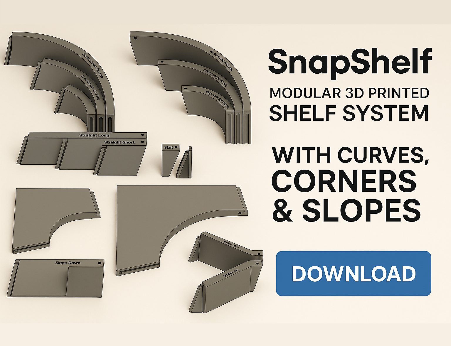 SnapShelf – Modular 3D Printed Shelf System with Curves, Corners & Slopes
