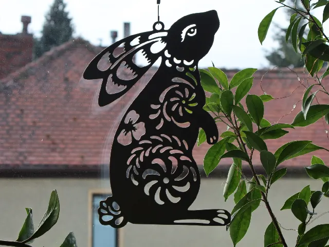 Easter Bunny Wall Art Window Decoration with Flowers - Drak