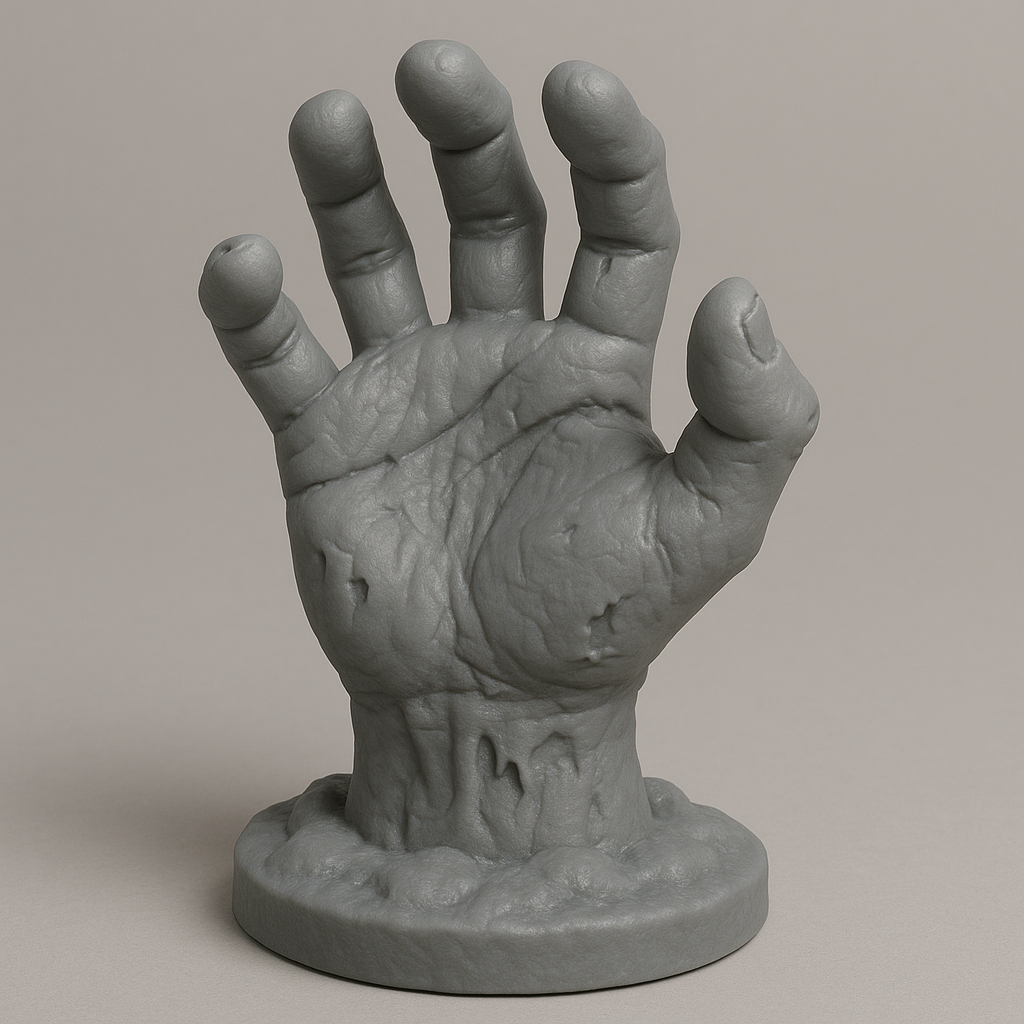A creepy zombie hand rising from the ground, simplified with thick fingers and a solid base