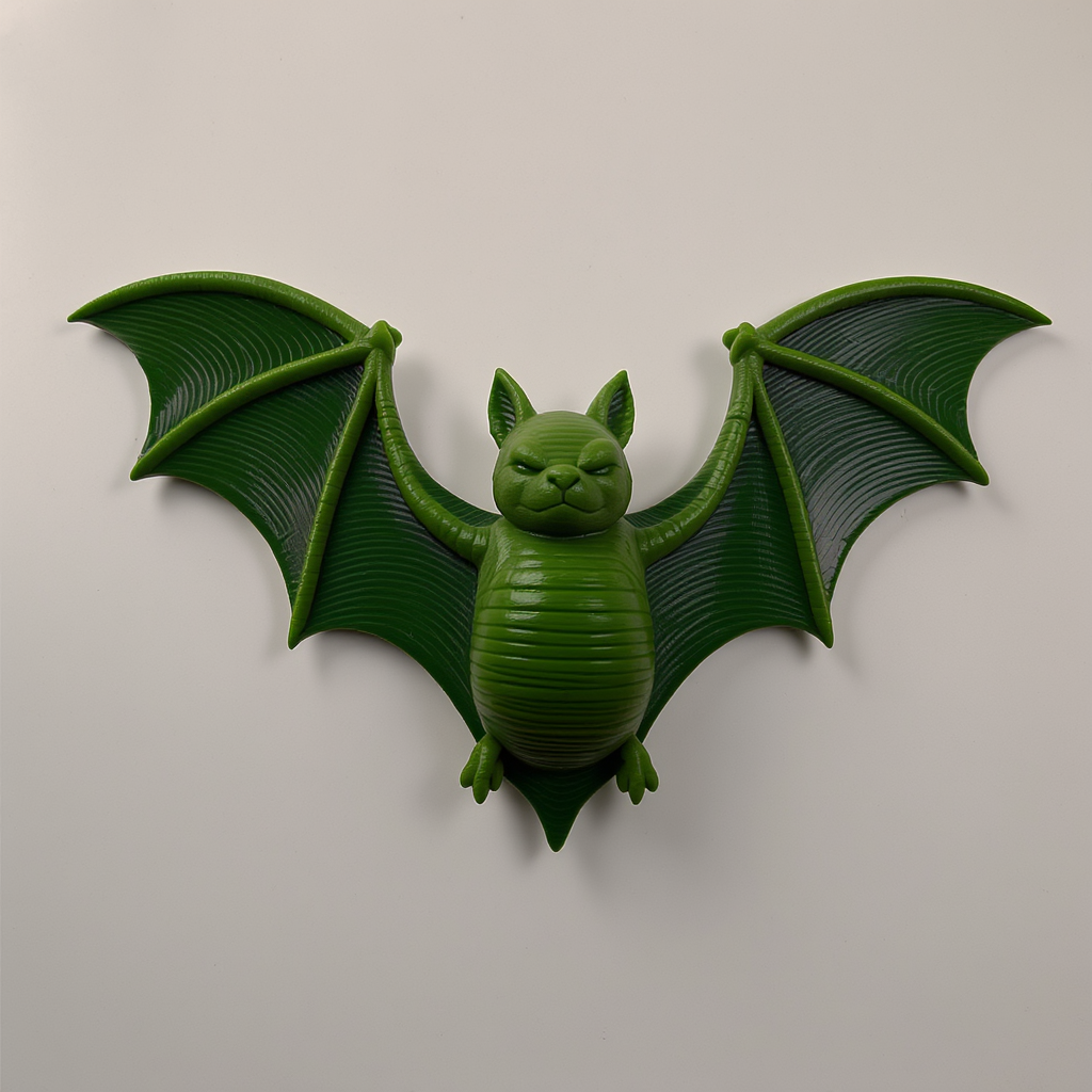 A stylized solid bat figure with spread wings and a simple face