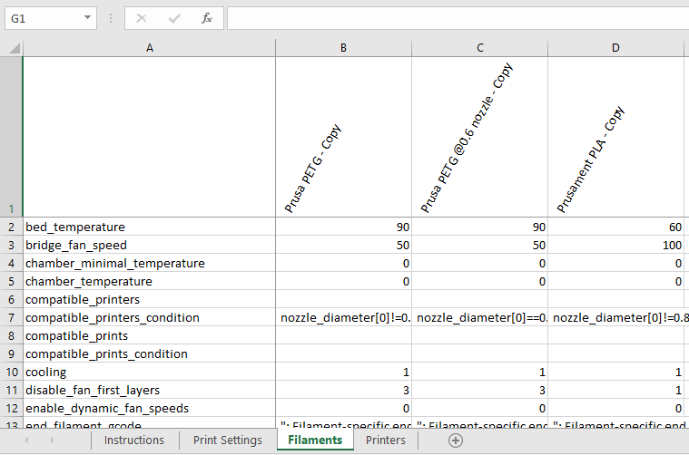 PrusaSlicer Config to Excel Import Tool