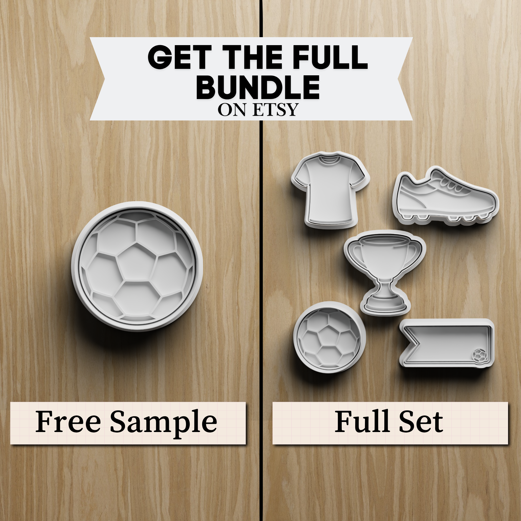 Free Sample of 5 Soccer Cookie Cutter STL Set with Jersey, Cleat, Trophy, Ball and Banner 3D model