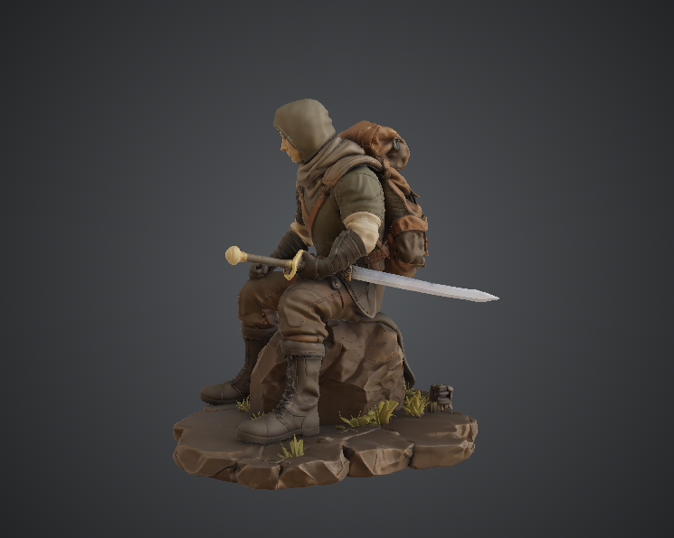 Seated Hooded Traveller with Sword