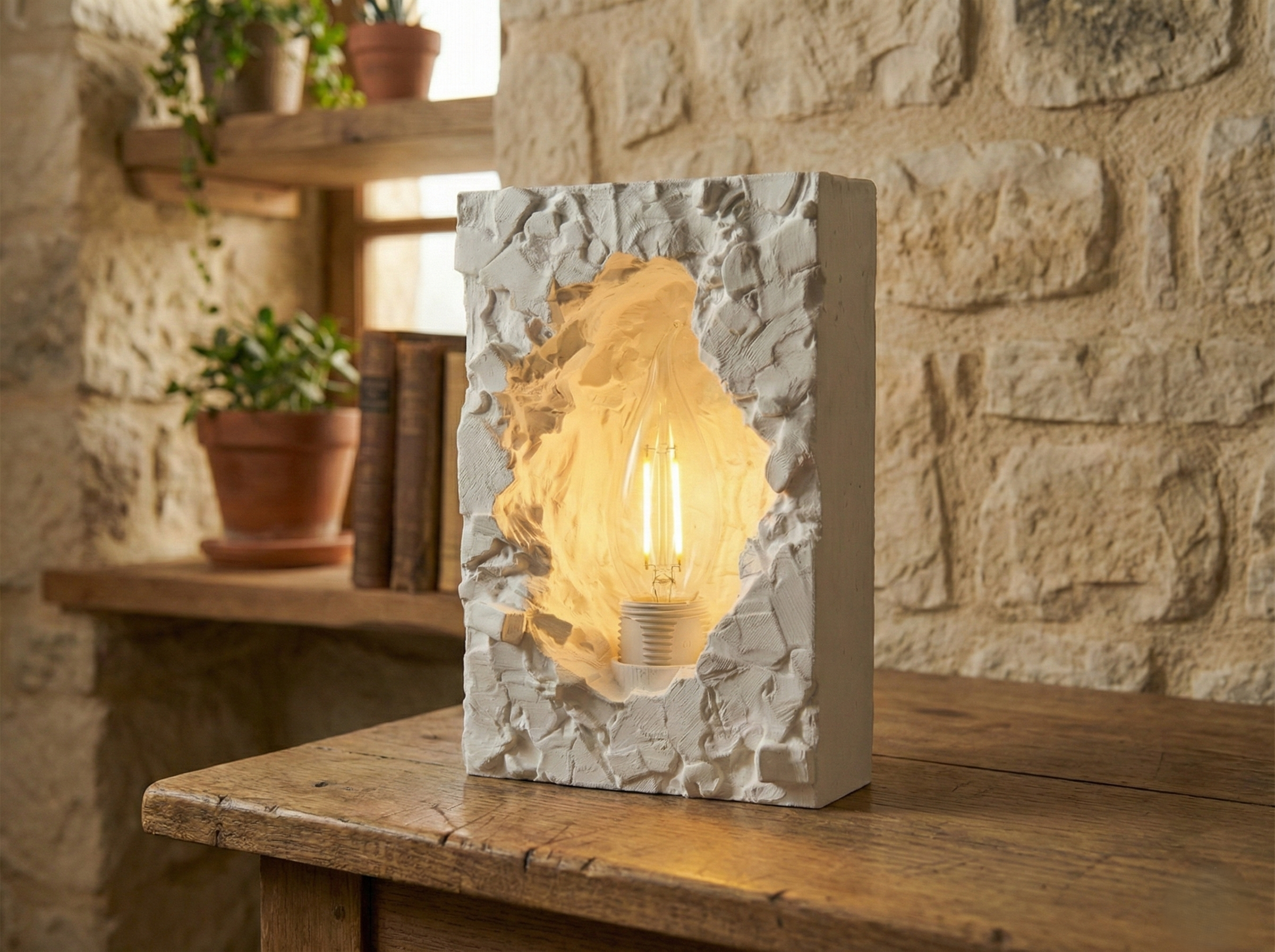 The Cavern Monolith: Textured Stone Lamp Brutalist