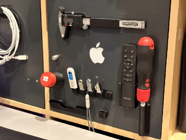 Caliper, USB, SD cards, screwdriver, Mac adapter holder