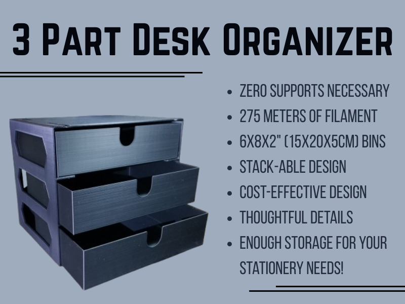 Desktop Organizer - 3 Part Bin Storage - Minimalistic, Stackable, Low-Cost