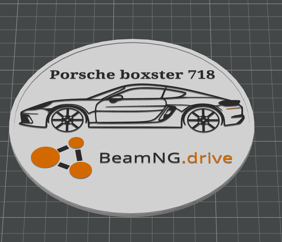 Porsche Boxster 718 coaster with Beamng.drive logo.