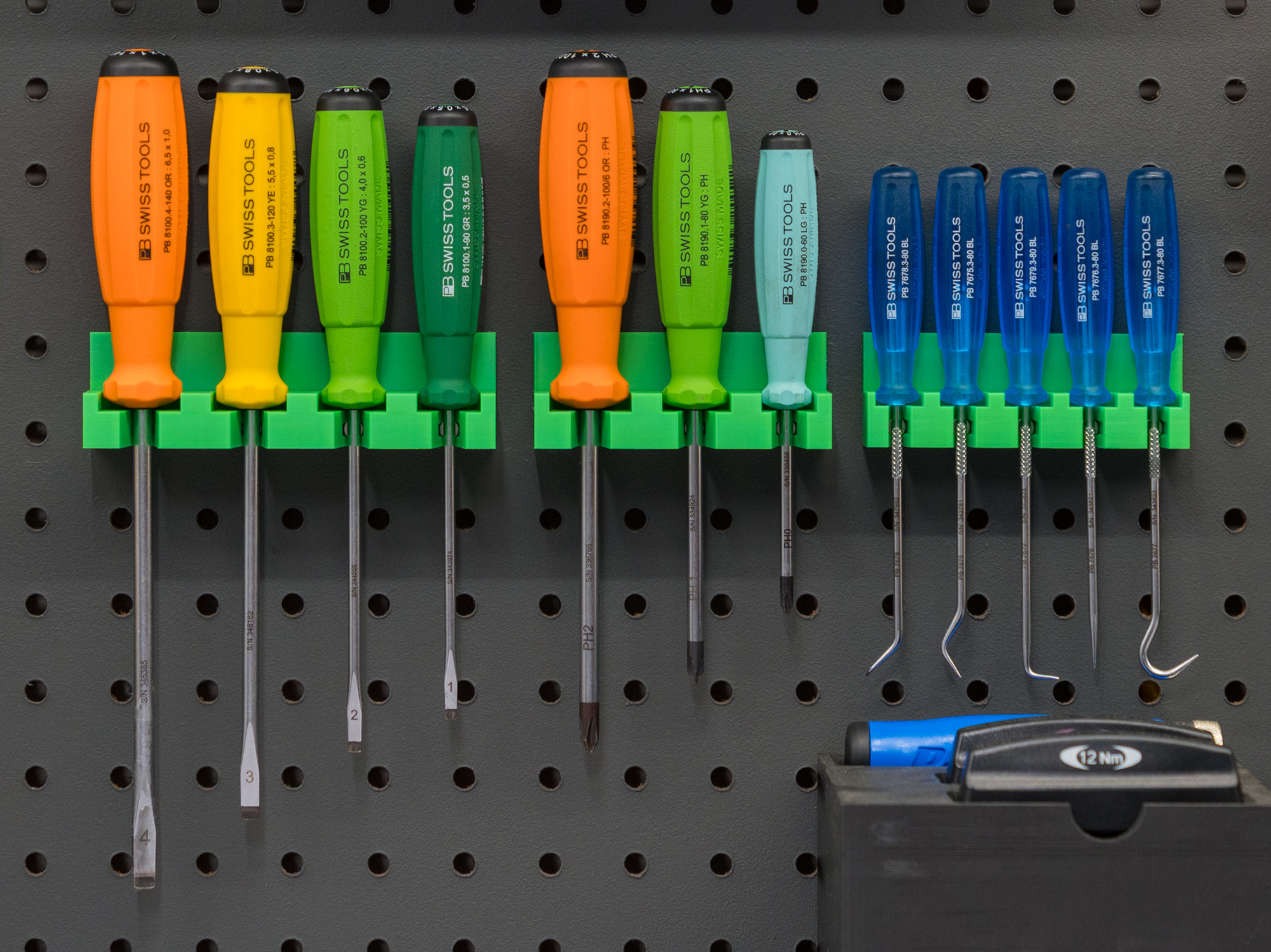 PB Swiss Magnetic Pegboard Screwdriver and Pick Holders - phillips & flathead & picks