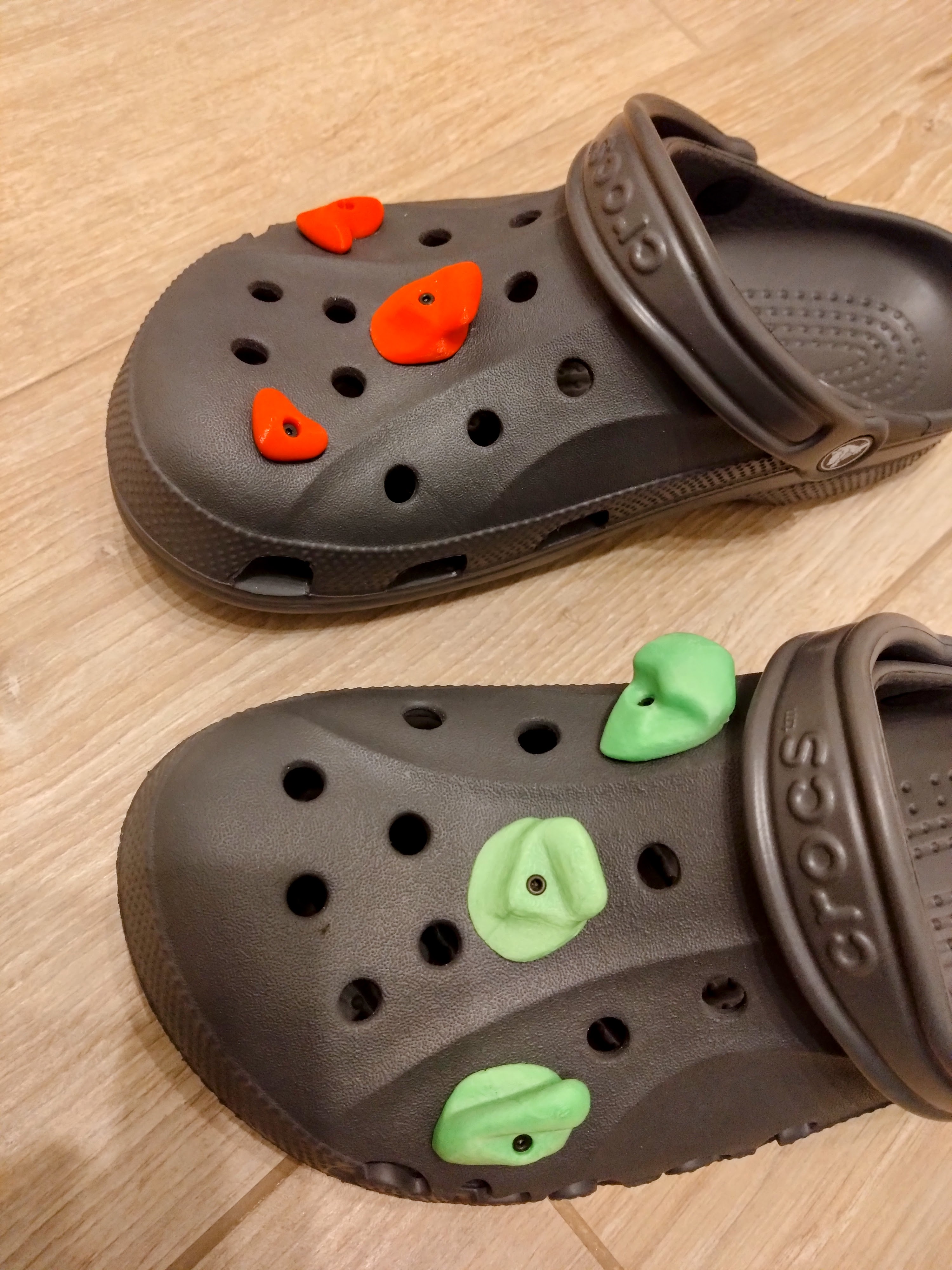 Two-part climbing holds crocs pins