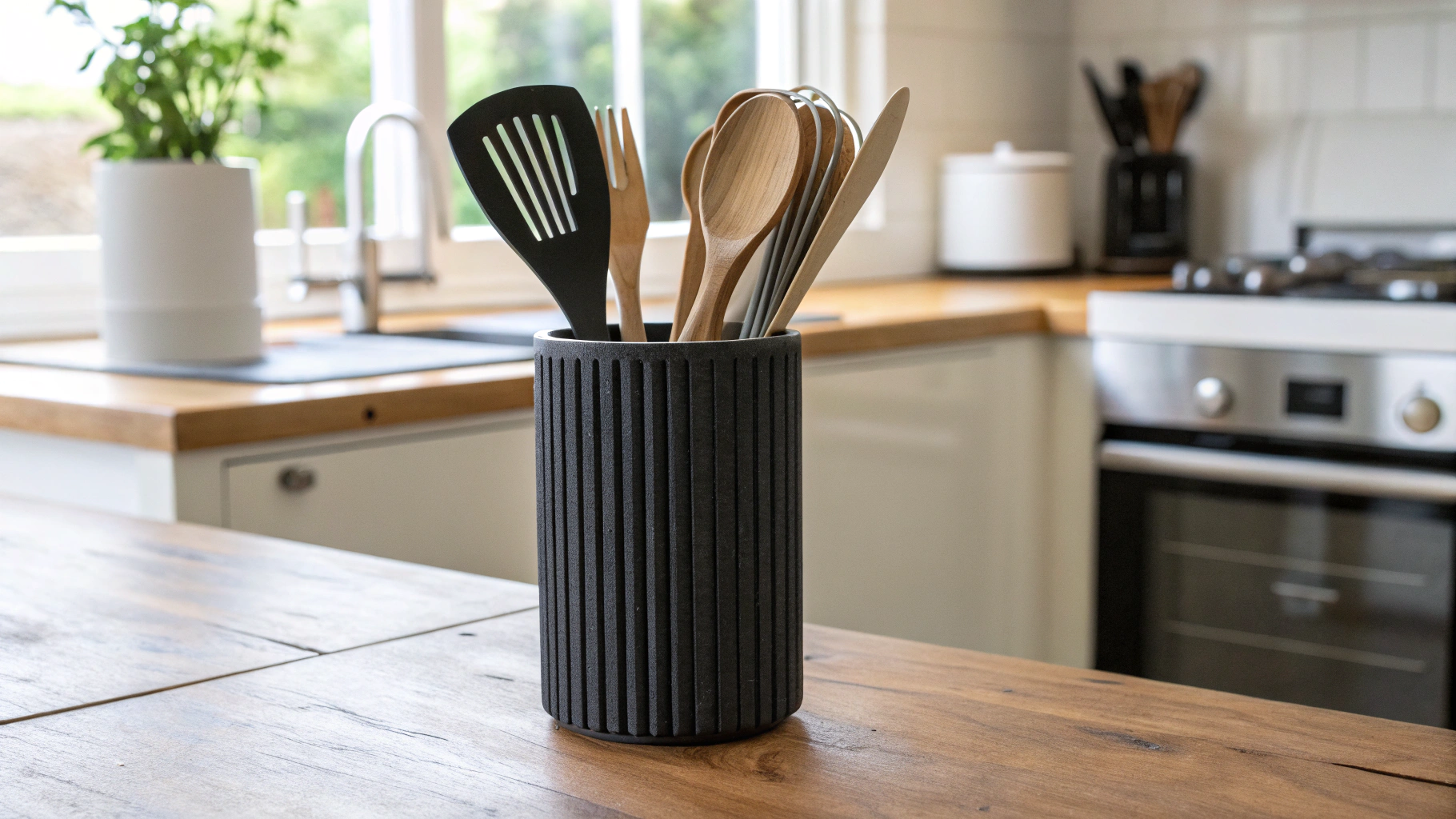 Modern Minimalist Kitchen Utensil Holder Ribbed High 3D model thumbnail
