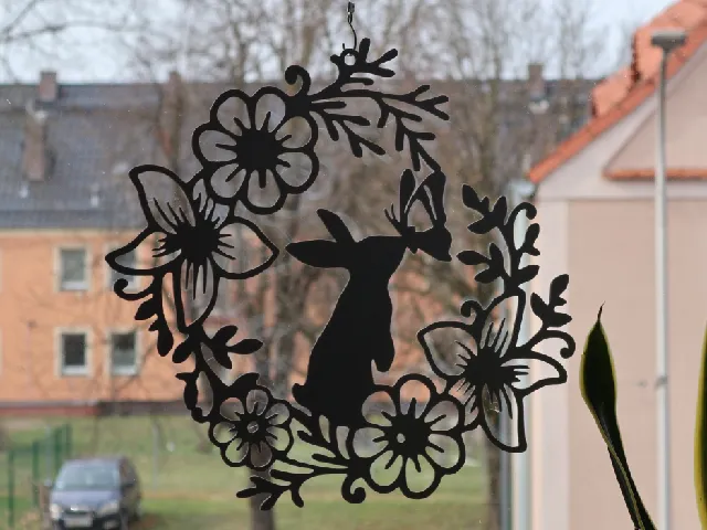 Easter Bunny Wall Art Window Decoration with Flowers and Butterfly - Drak