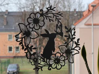 Easter Bunny Wall Art Window Decoration with Flowers and Butterfly