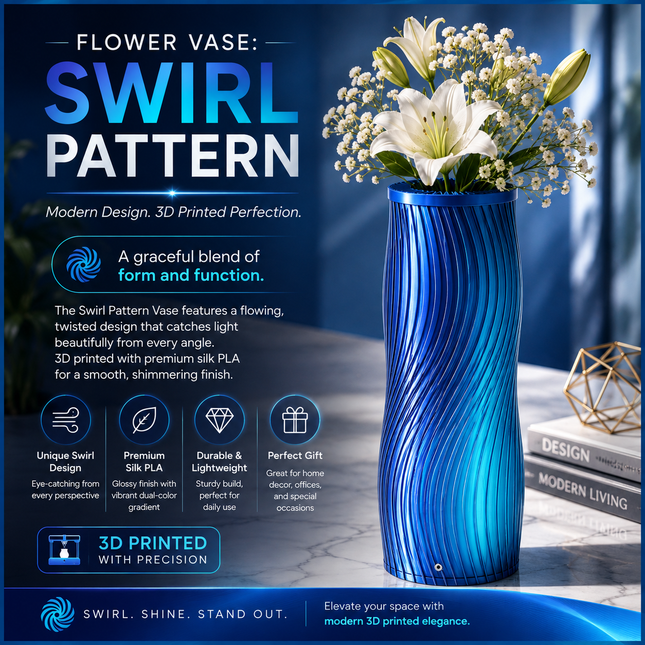 Swirl Pattern Flower Vase – Modern Silk PLA Design