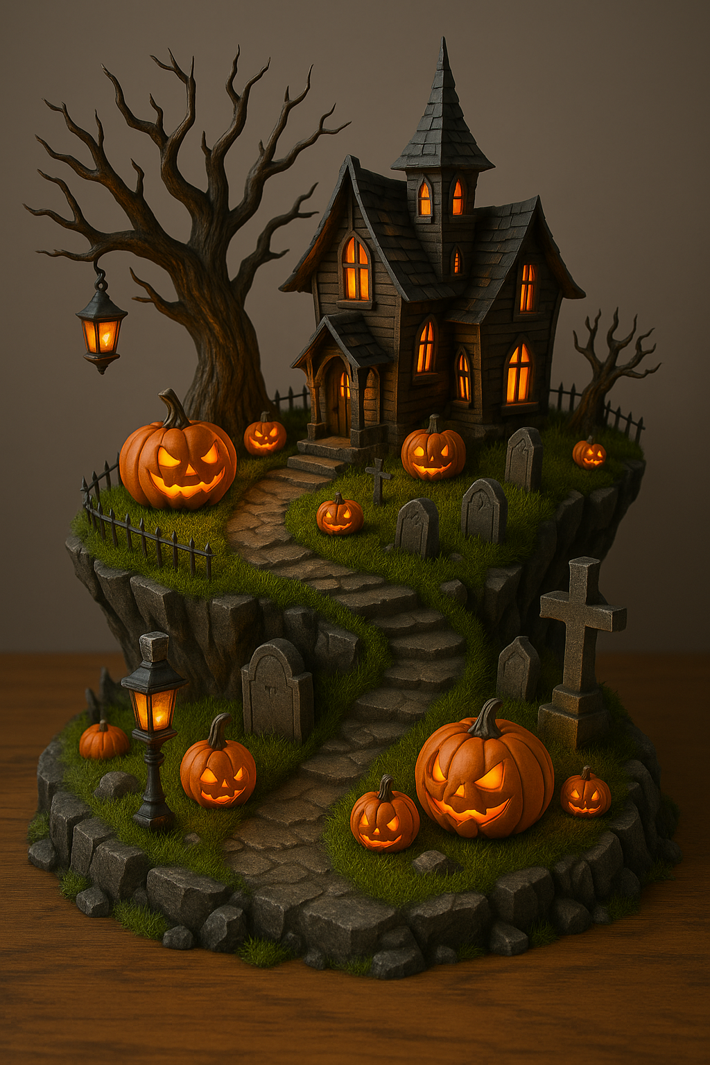 Haunted House Diorama – Halloween Miniature Scene with Pumpkins and Lanterns