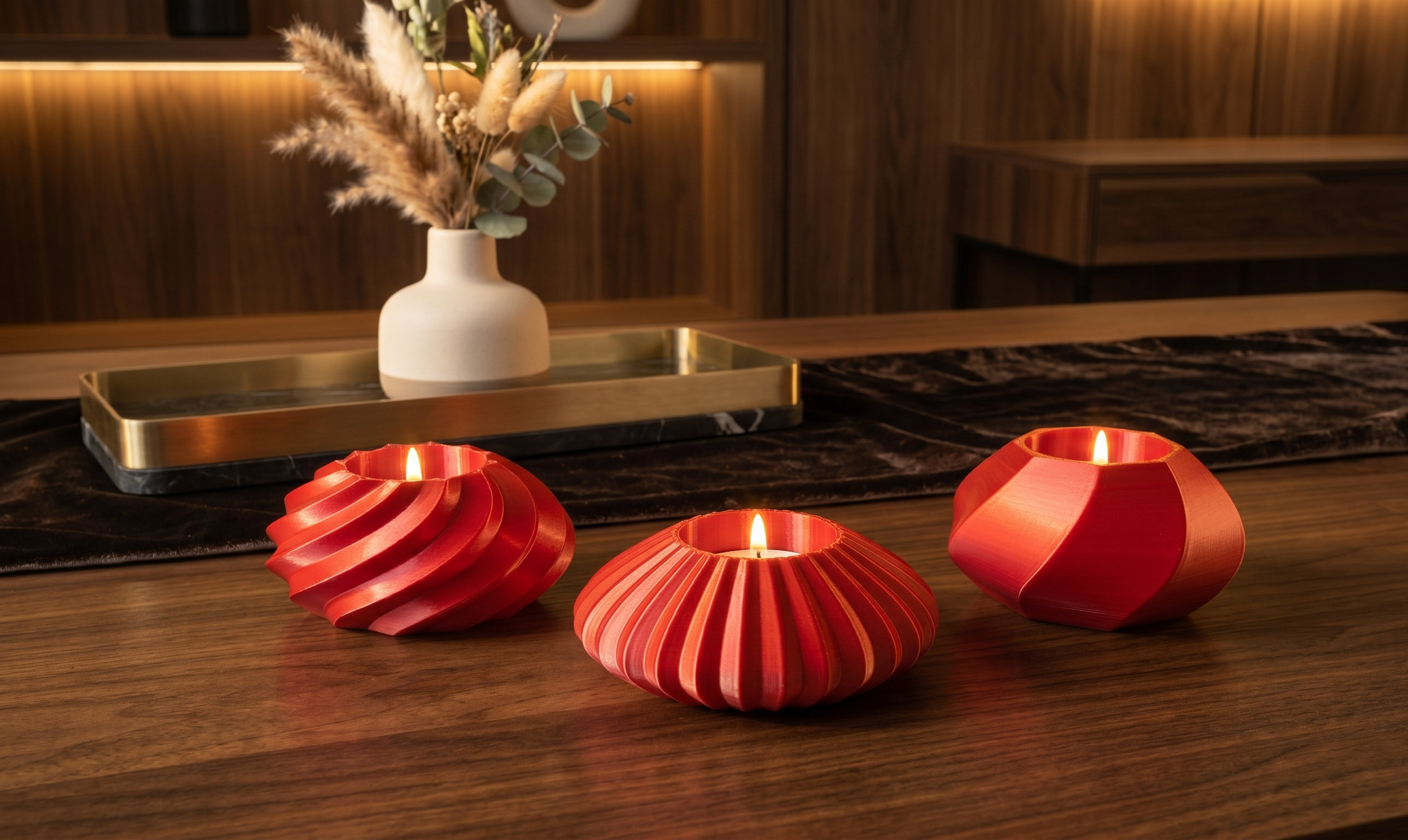 Geometric Red Tealight Holder Set