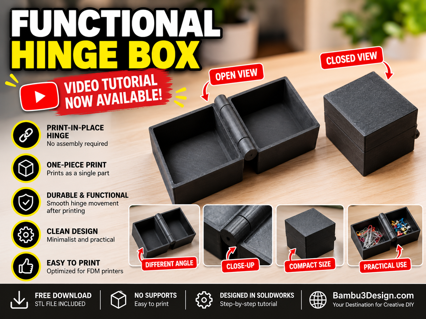 Functional Hinge Box – No Assembly — STL Grátis | 3DFinder