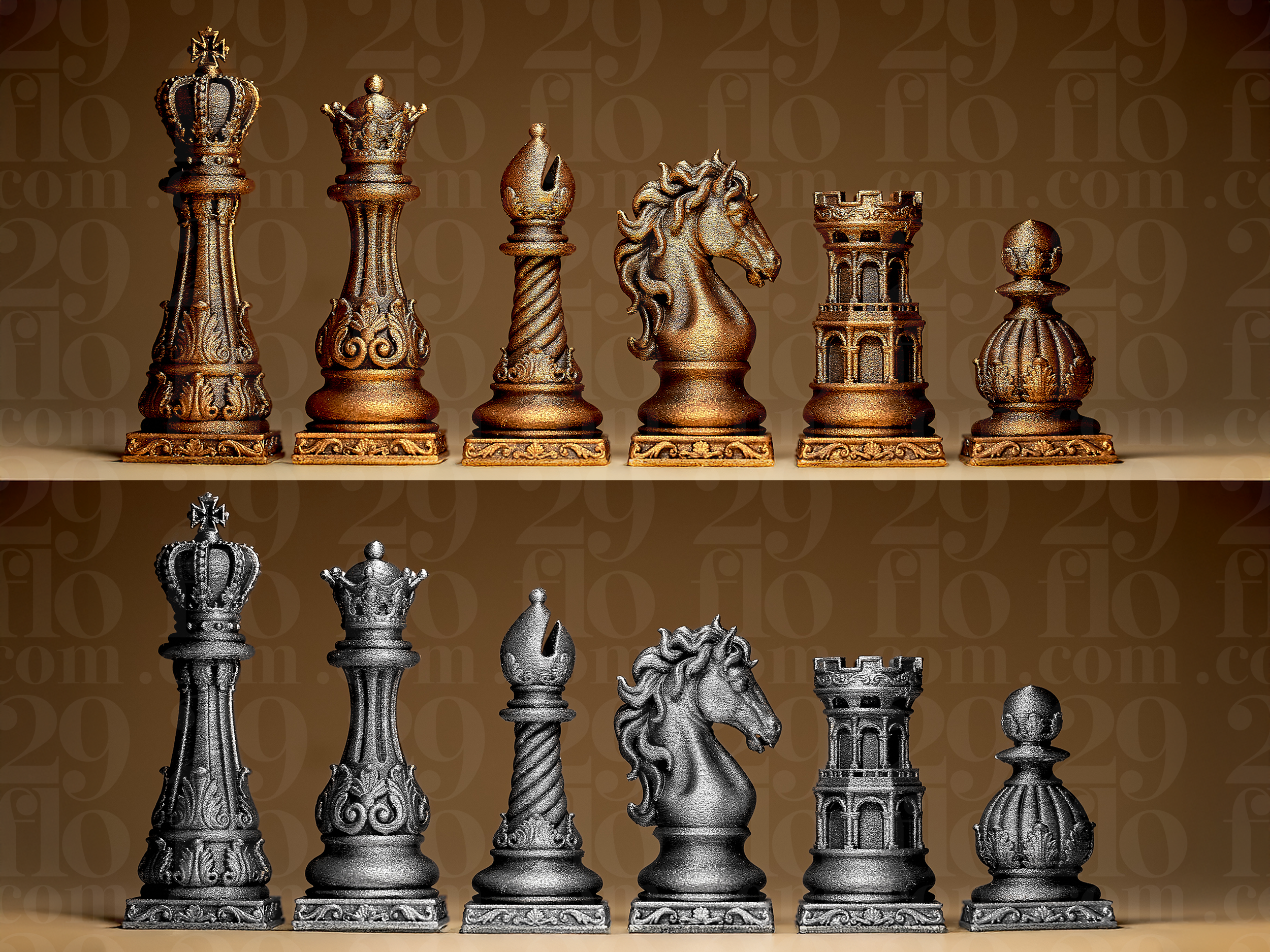 Ornate Baroque Style Complete Chess Pieces Set - Detailed Figures