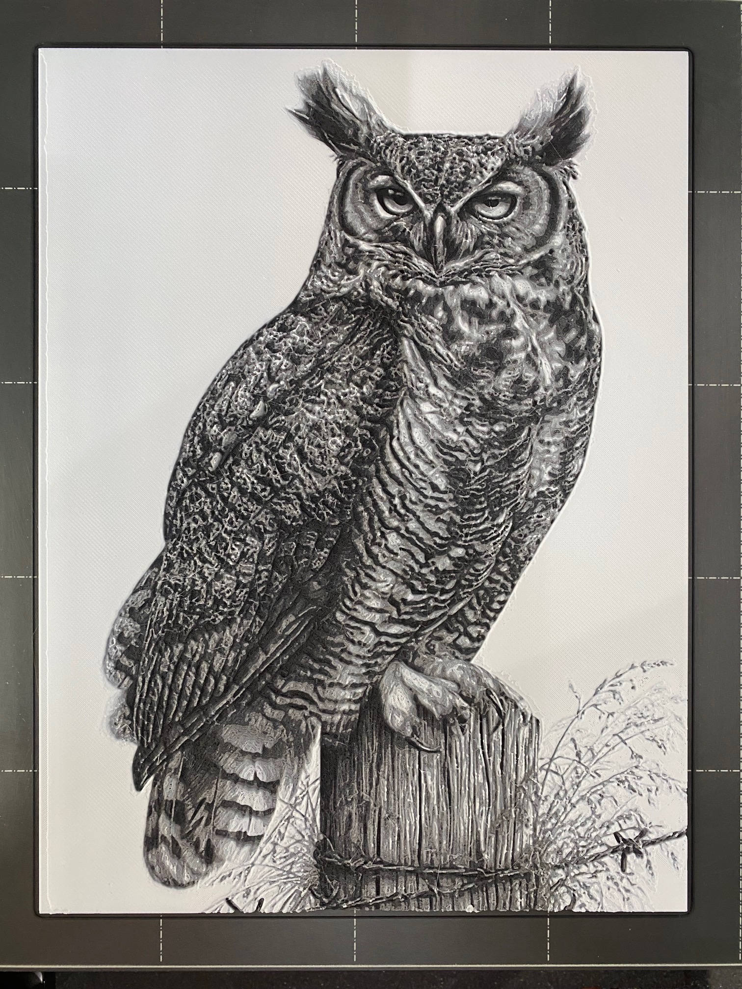 Great Horned Owl on a Fence Post - Hueforge