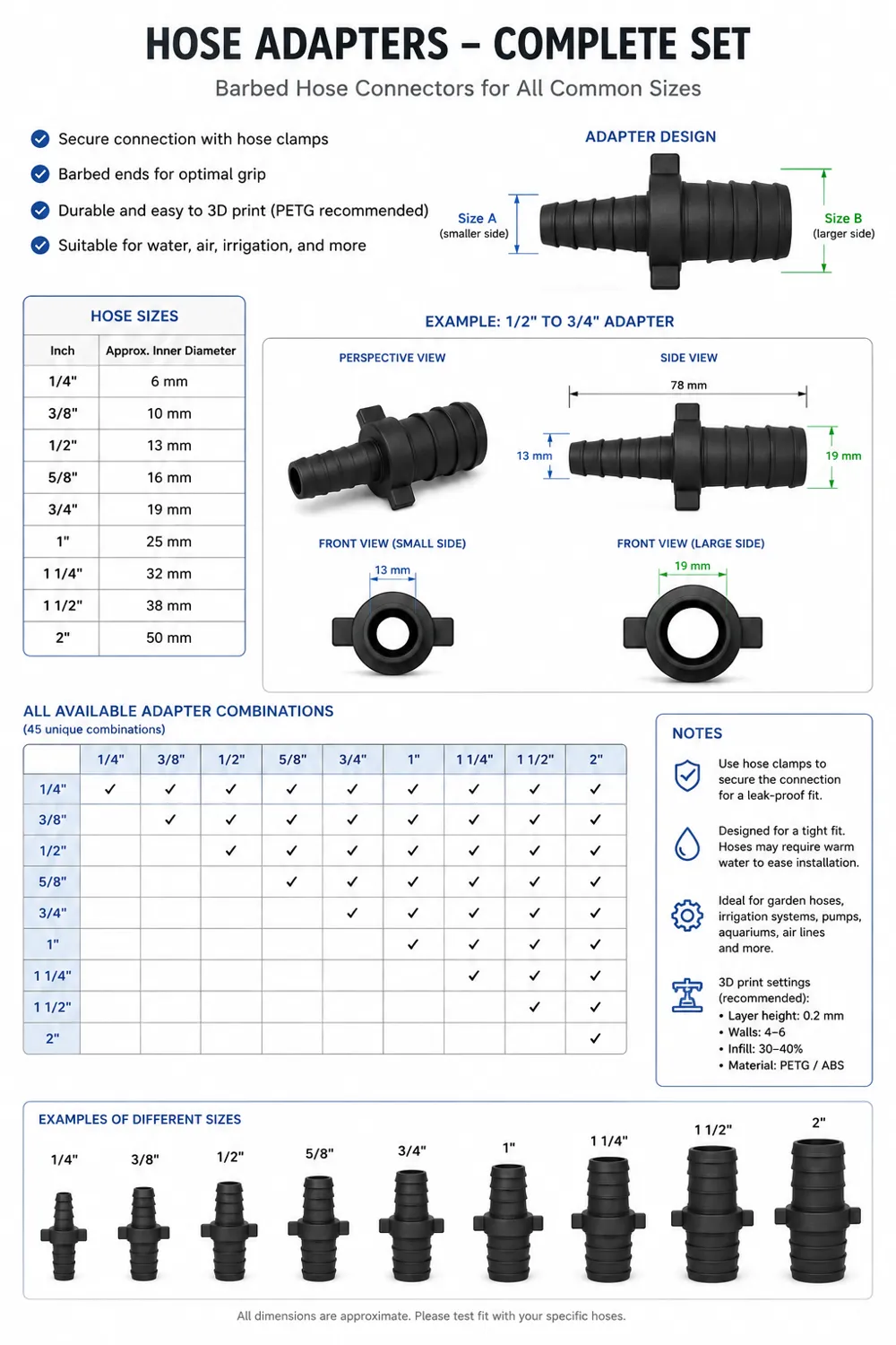45x Barbed Hose Adapters – from 1/4" to 2"