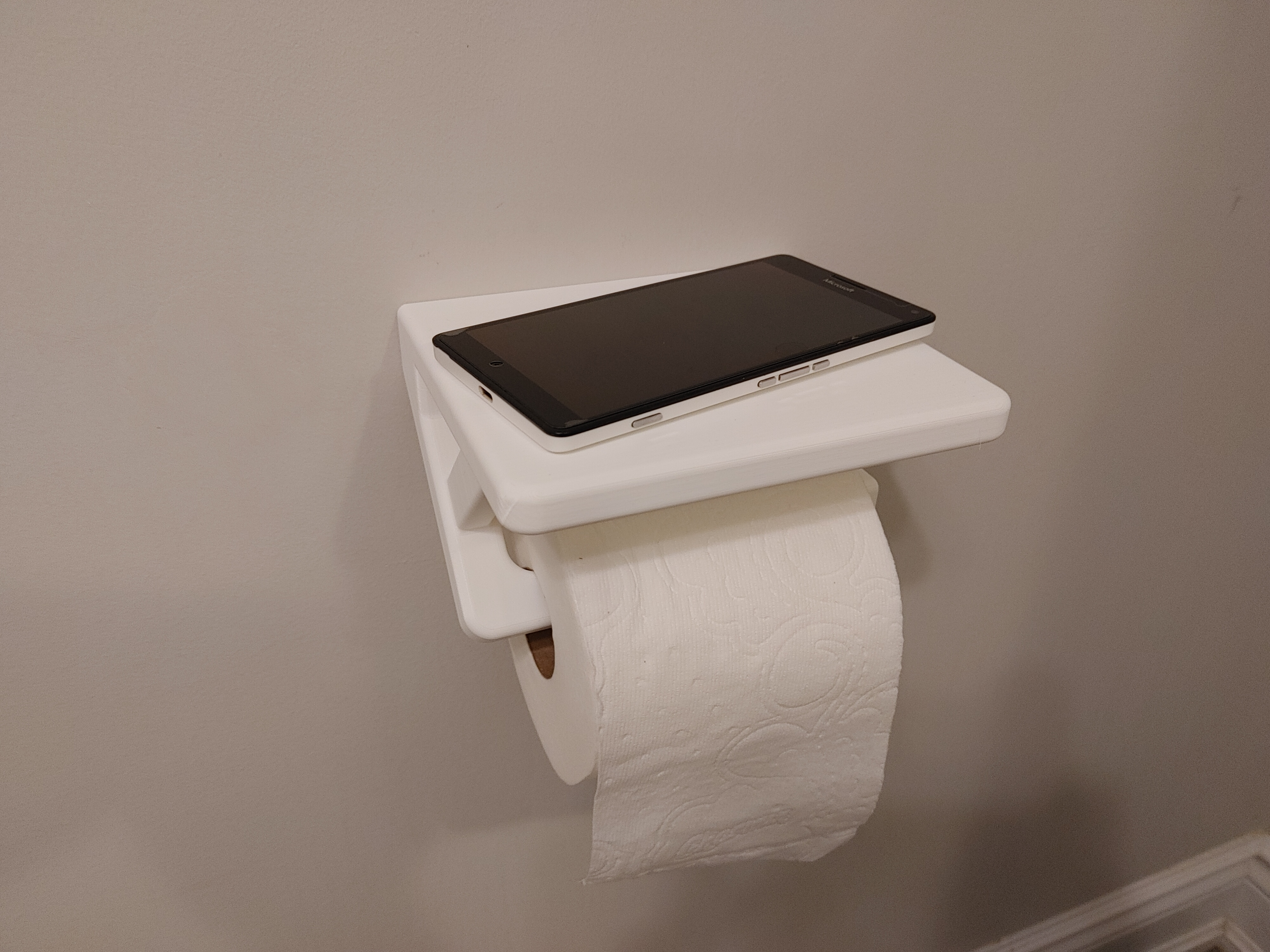 Toilet paper roll holder with phone shelf, hidden screw mounting