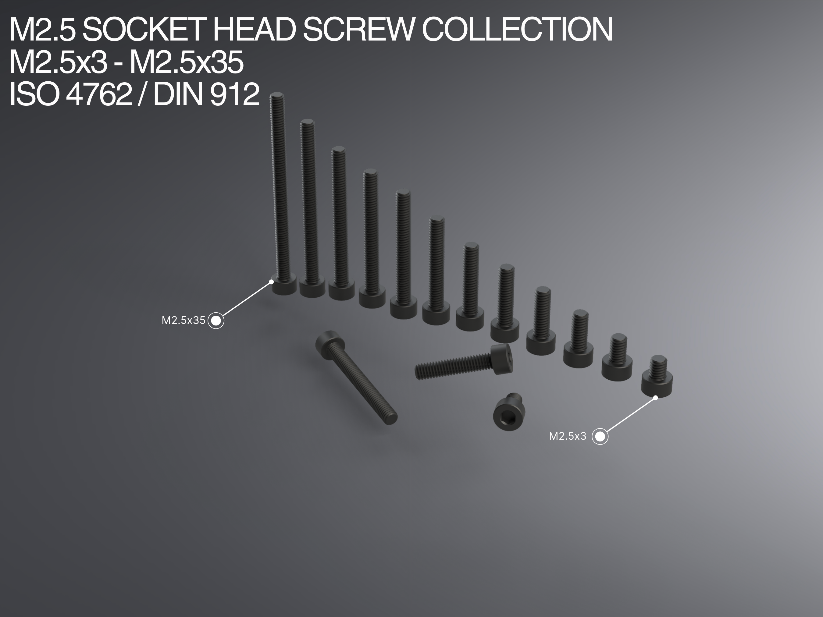 M2.5 Socket Head Screw Collection M2.5x3-M2.5x35 ISO 4762 / DIN 912