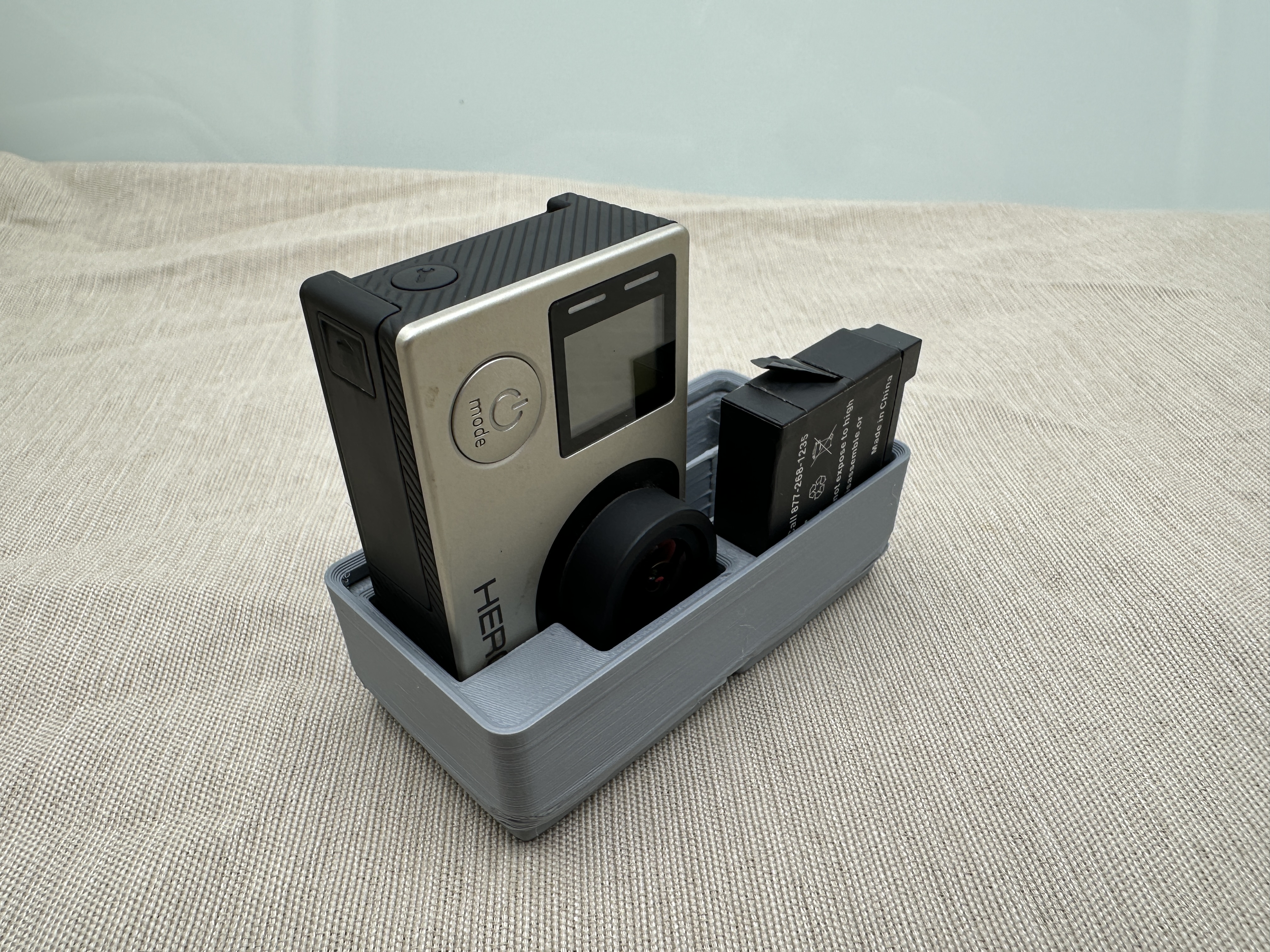 GoPro Hero 4 and three batteries gridfinity Bin