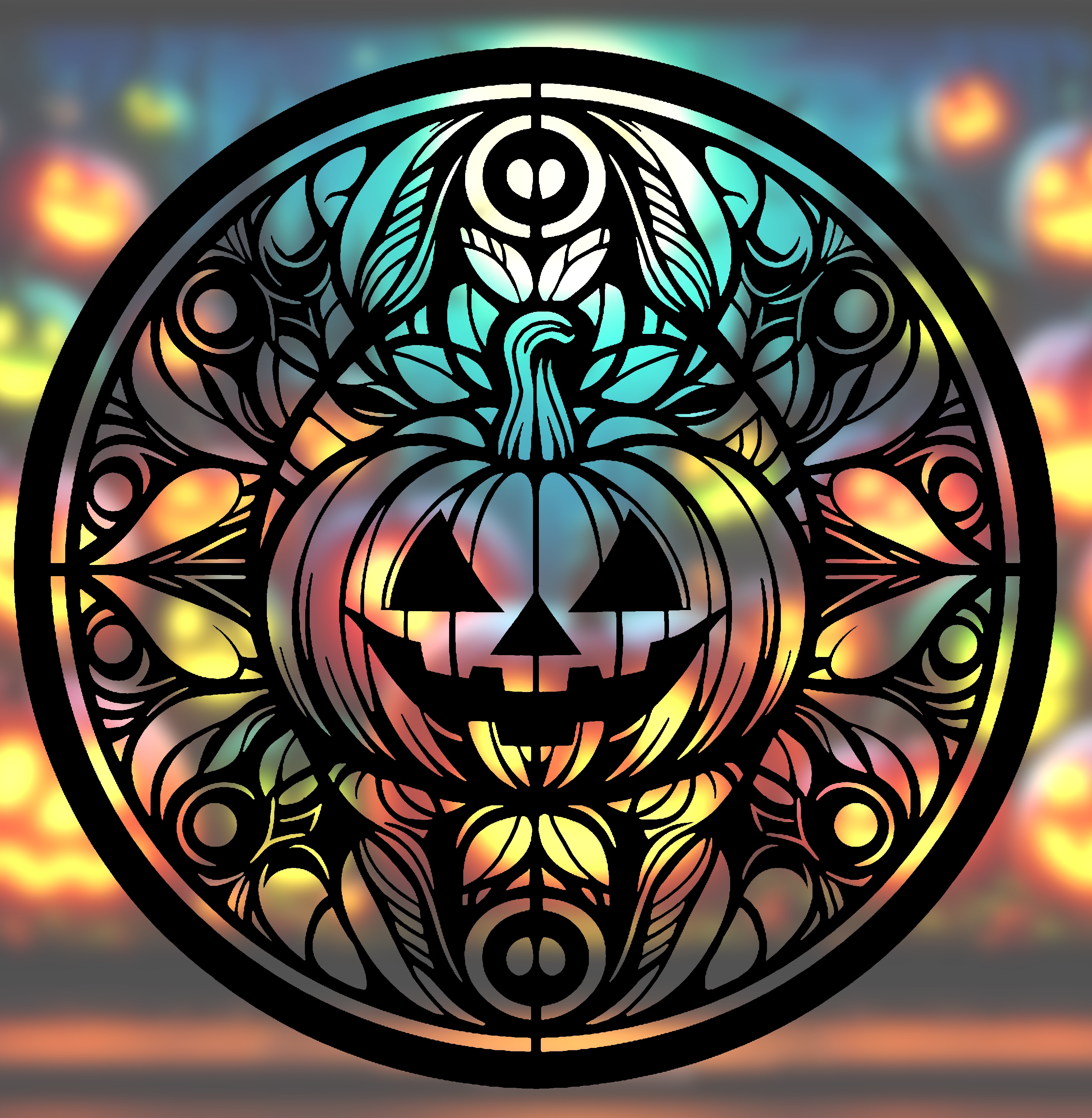 Spooky Halloween Pumpkin Mandala Art – 2D geometric wall art (Stained Glass Style)