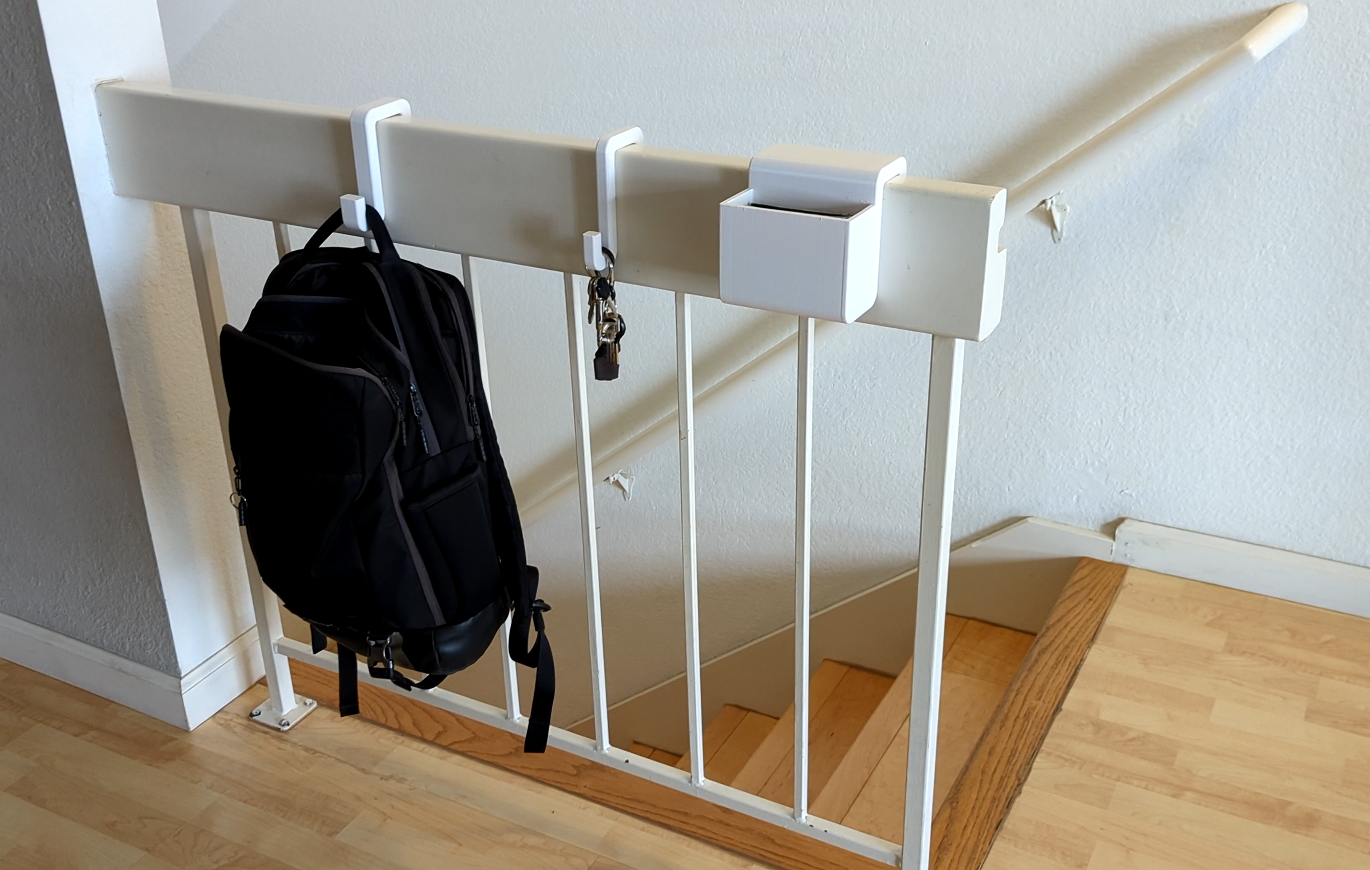 Key hook, bag hook and wallet container that slide onto a railing
