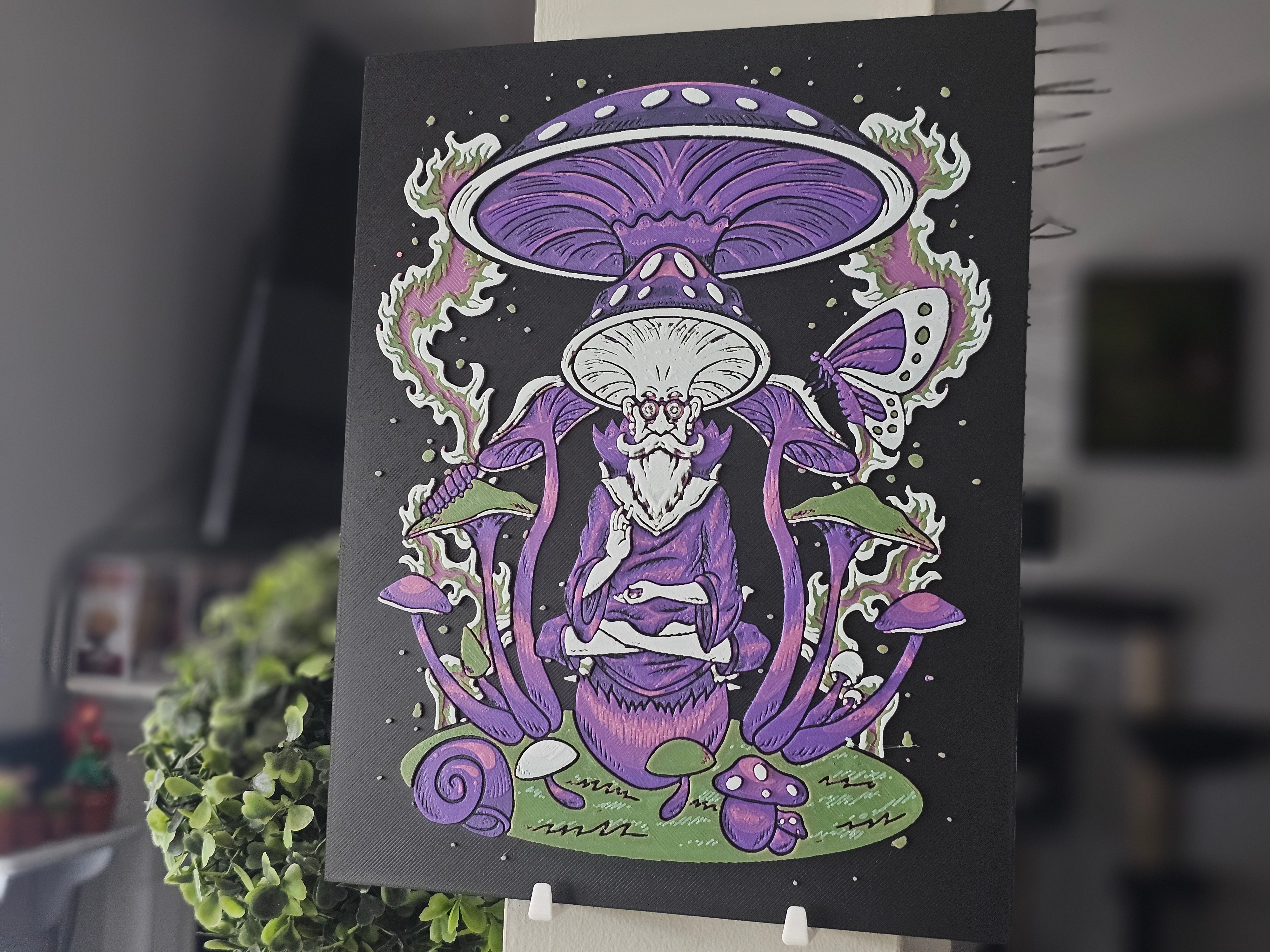Pyschedelic Mushroom Man 3D Printed Textured Hueforge Art