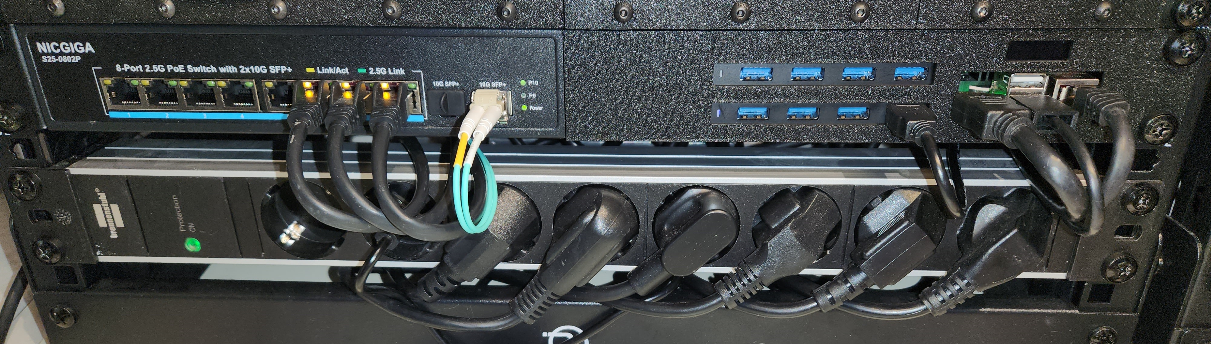 1U 19 inch rack front panel mount for one 218mm wide switch, one raspberry pi CM4, two USB-hubs