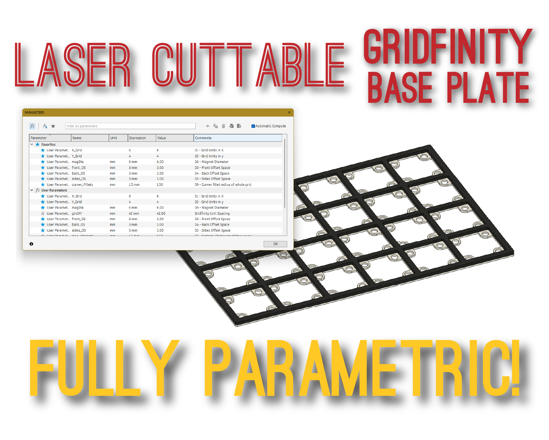 Parametric Laser Cut Gridfinity Base Plate with or without Magnets