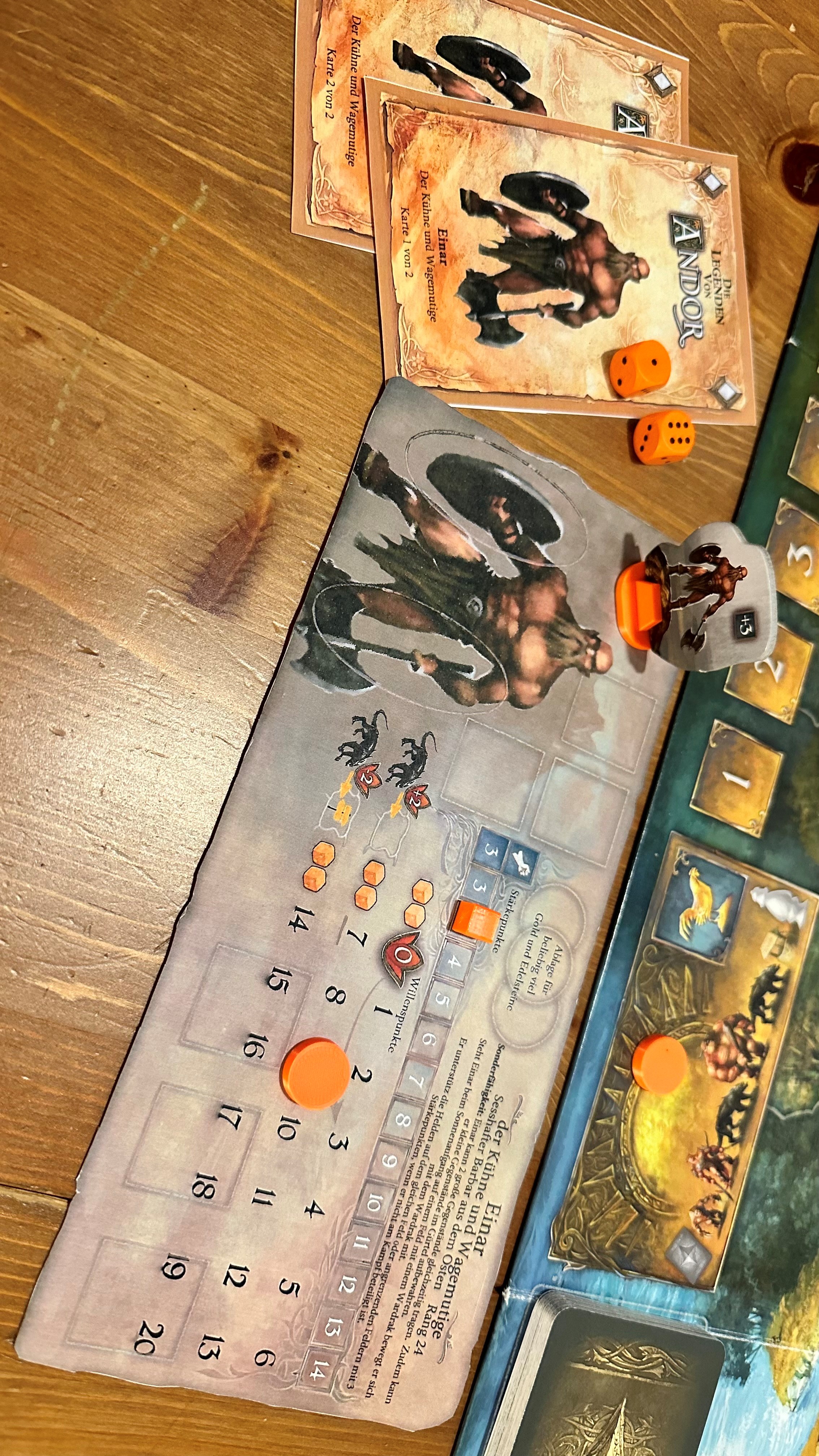 Legenden von Andor - Stärkepunktanzeiger, Willenspunktanzeiger und Zeitstein.
