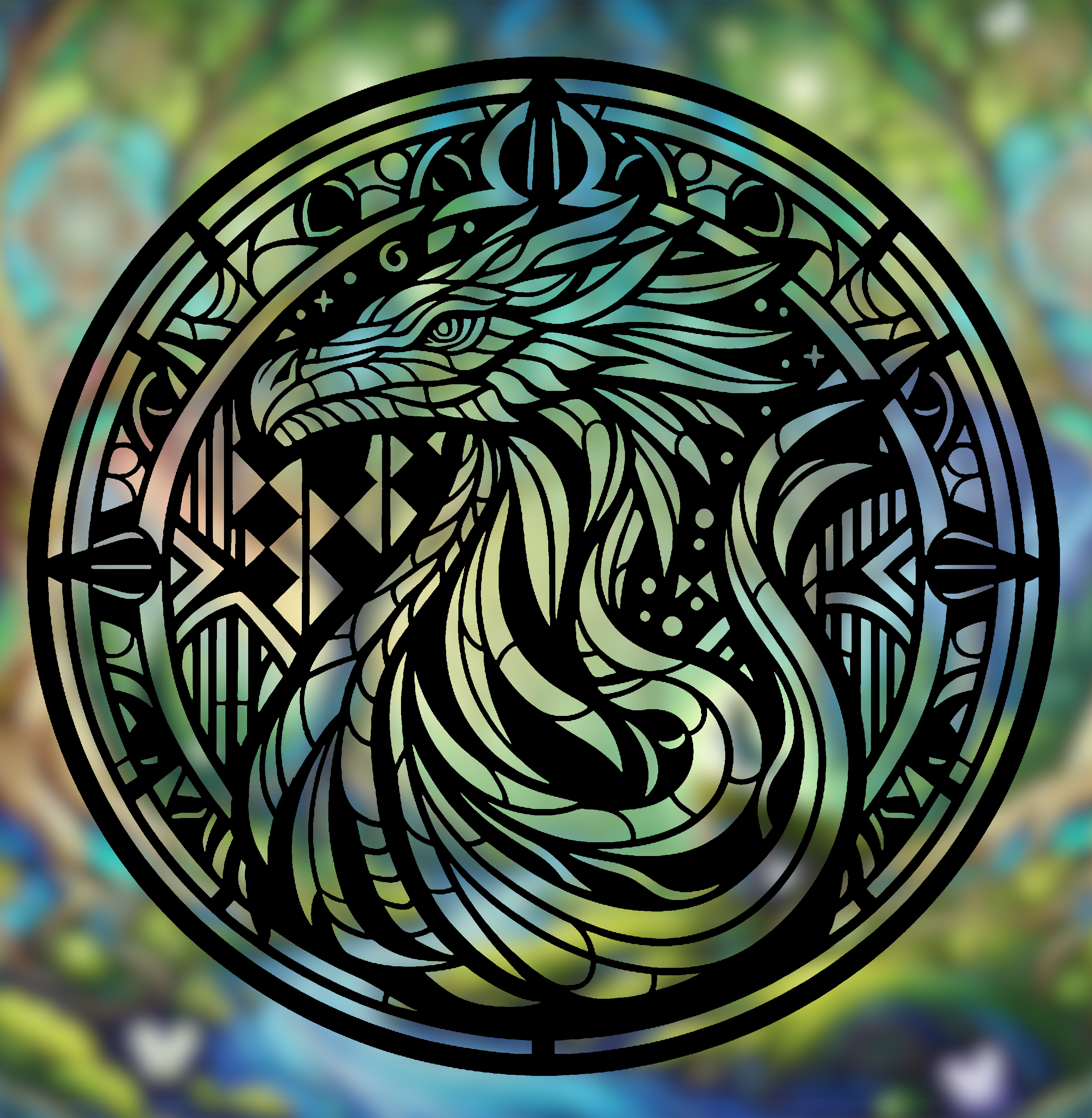 Peruvian Vipertooth Dragon Mandala Art – 2D geometric wall art (Stained Glass Style)