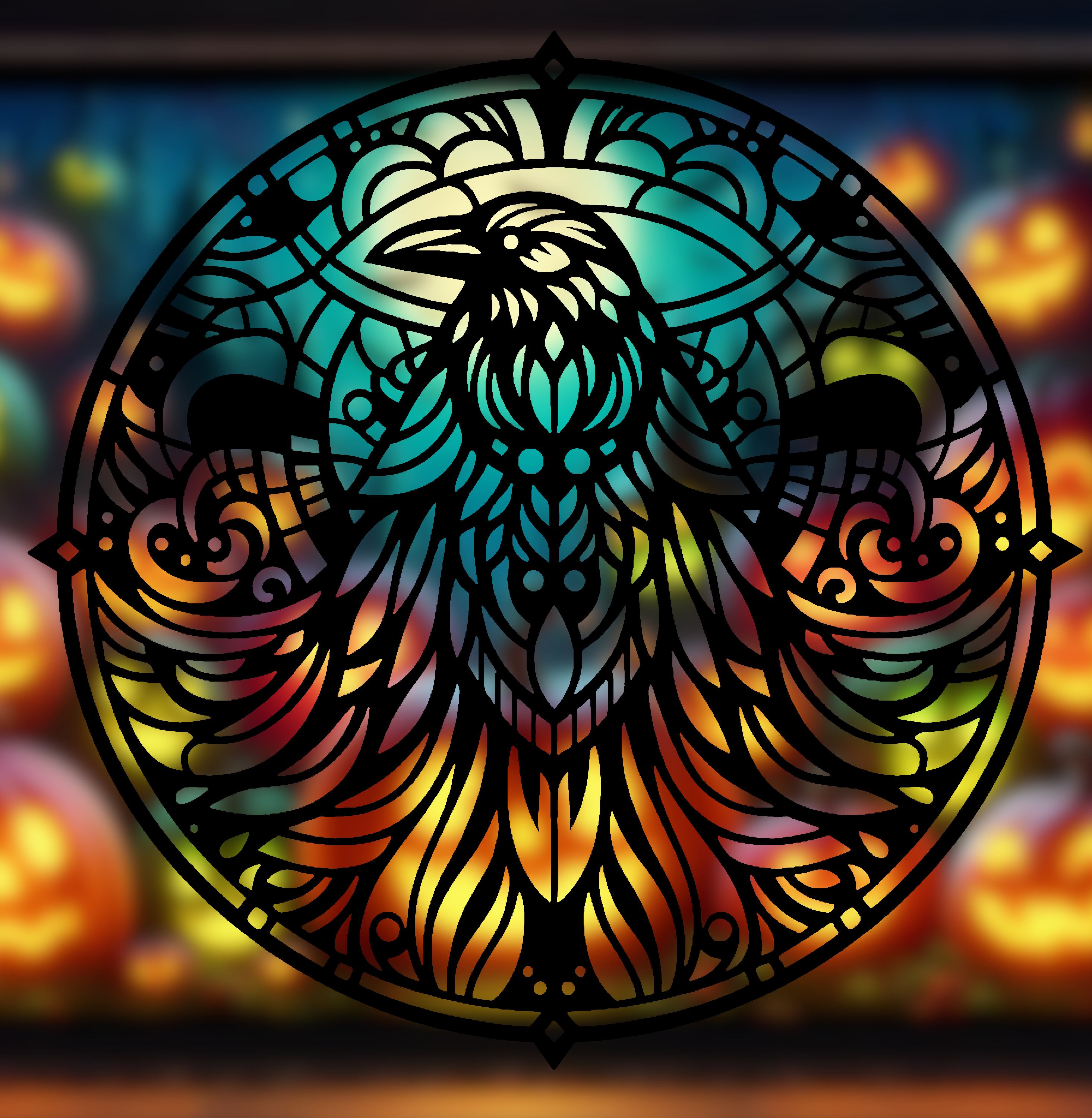 Spooky Halloween Crow Mandala Art – 2D geometric wall art (Stained Glass Style)