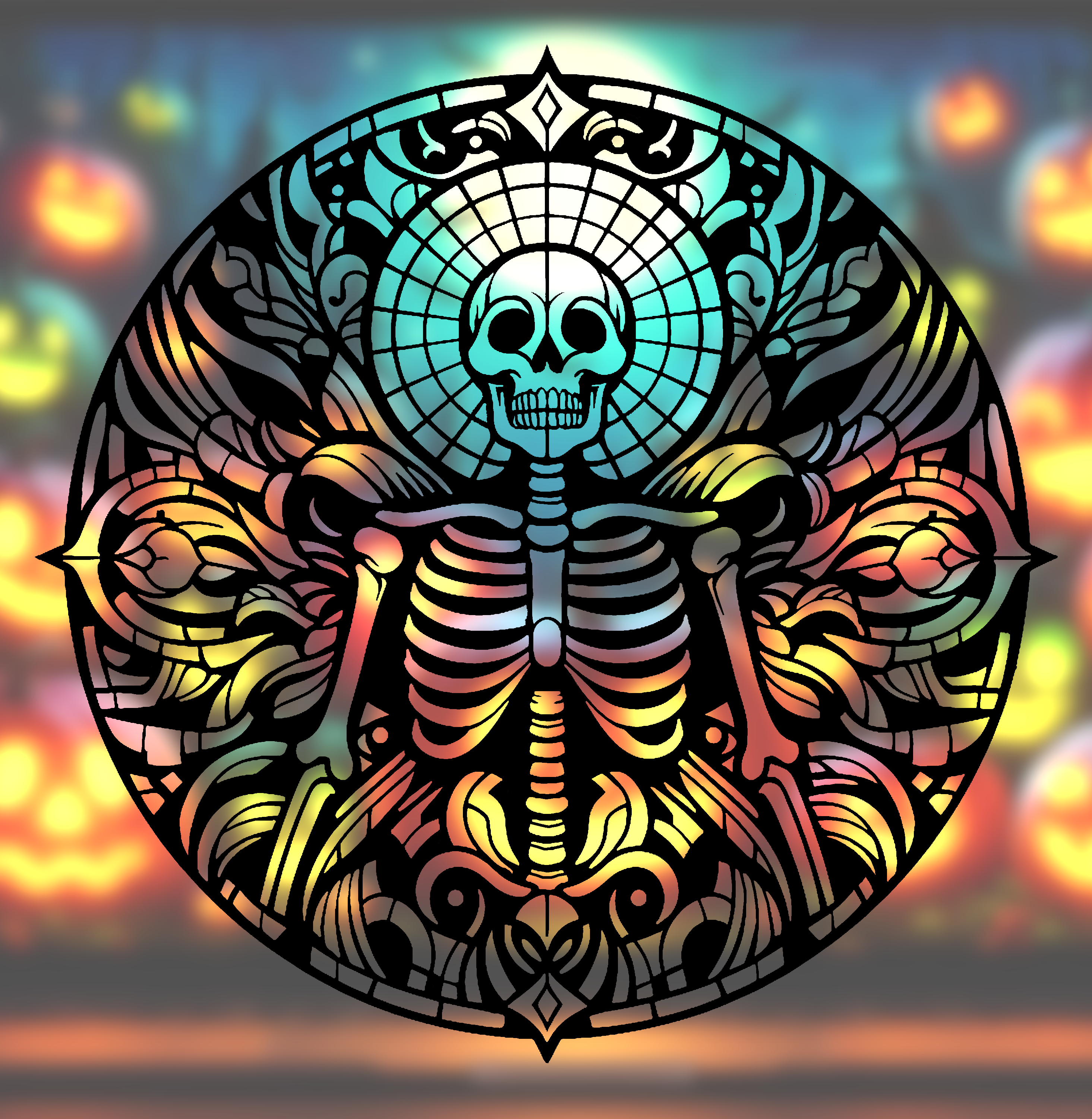 Spooky Halloween Skeleton Mandala Art – 2D geometric wall art (Stained Glass Style)