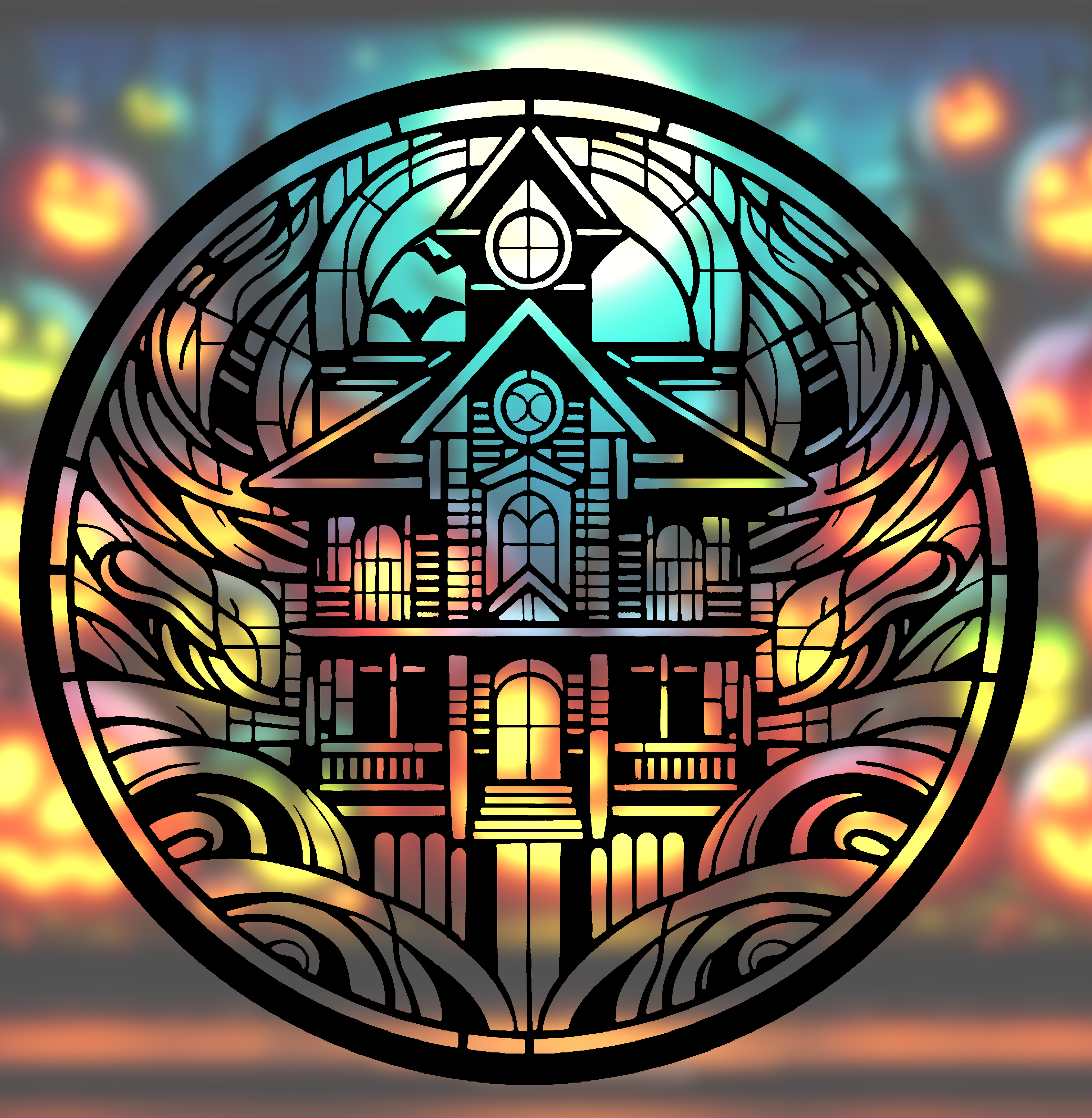Spooky Halloween Haunted House Mandala Art – 2D geometric wall art (Stained Glass Style)