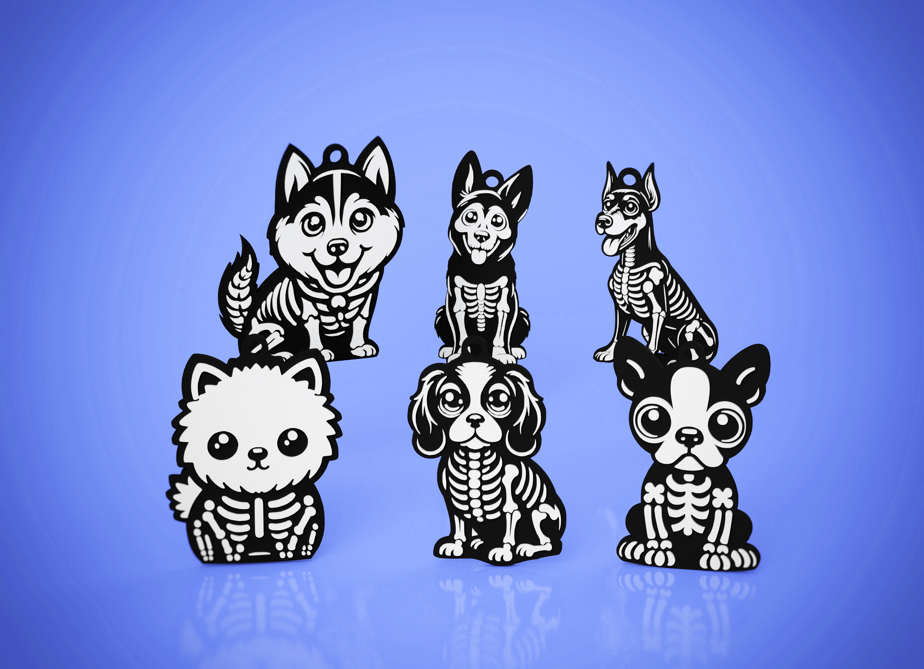 Dogs Set 3 Halloween Keychains Skeleton