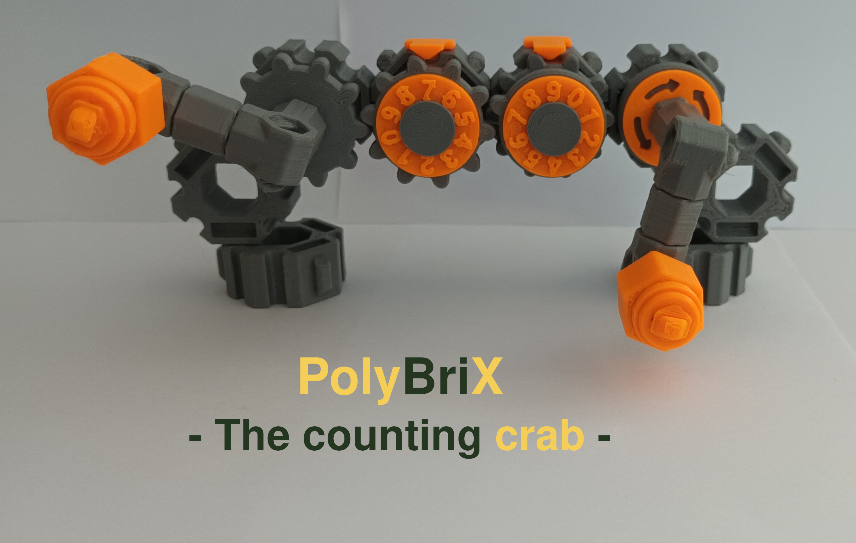 The PolyBriX counting crab - it counts up to 99 by rotating it's left arm