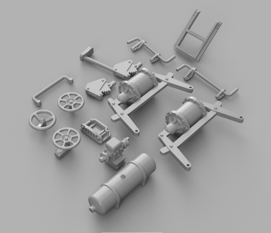 Train car undercarriage parts in H0 scale