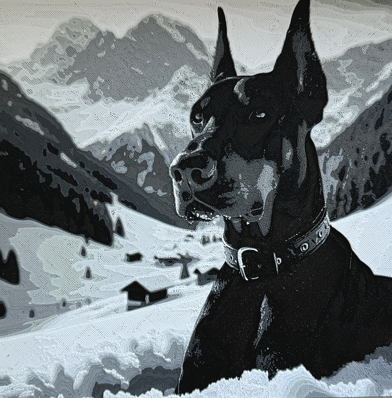Doberman in the snowy mountains