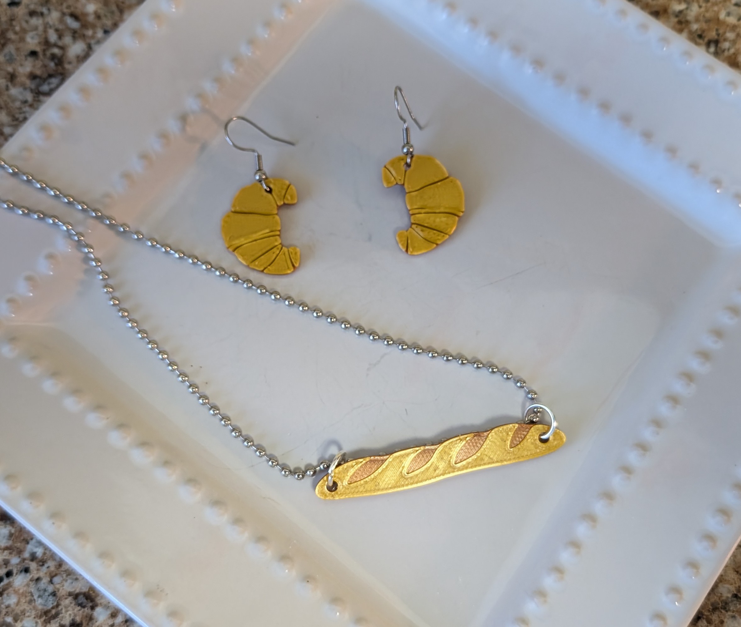 When in doubt, eat bread.  -  Easy 10 minute, filament swap - Bread Basket Jewelry Set - Croissant earrings and Baguette necklace